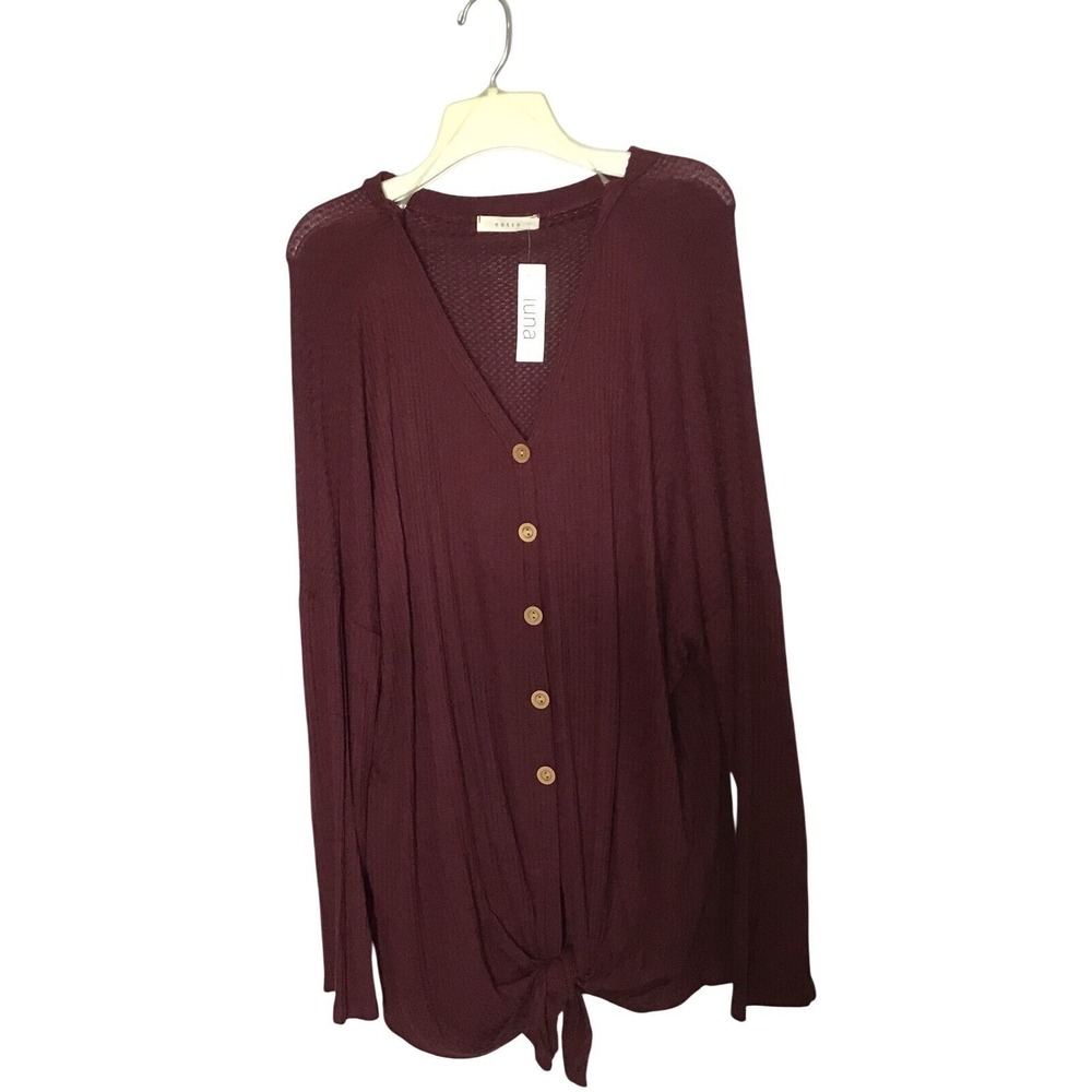 Entro Luna Burgundy Ribbed Knit‎ Button Front Tie Front Long Sleeve Top Womens